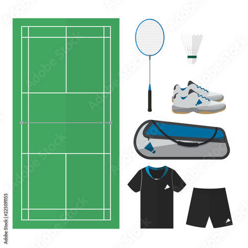 Badminton things. Top view of court and equipments like racket, shuttlecock, shoes and others. Simple flat design style vector.