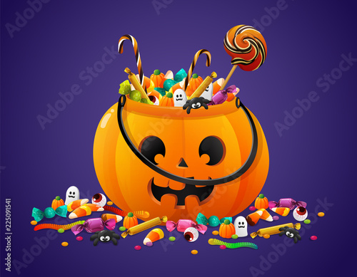 Halloween pumpkin basket full of candies and sweets. Vector illustration isolated on violet background.