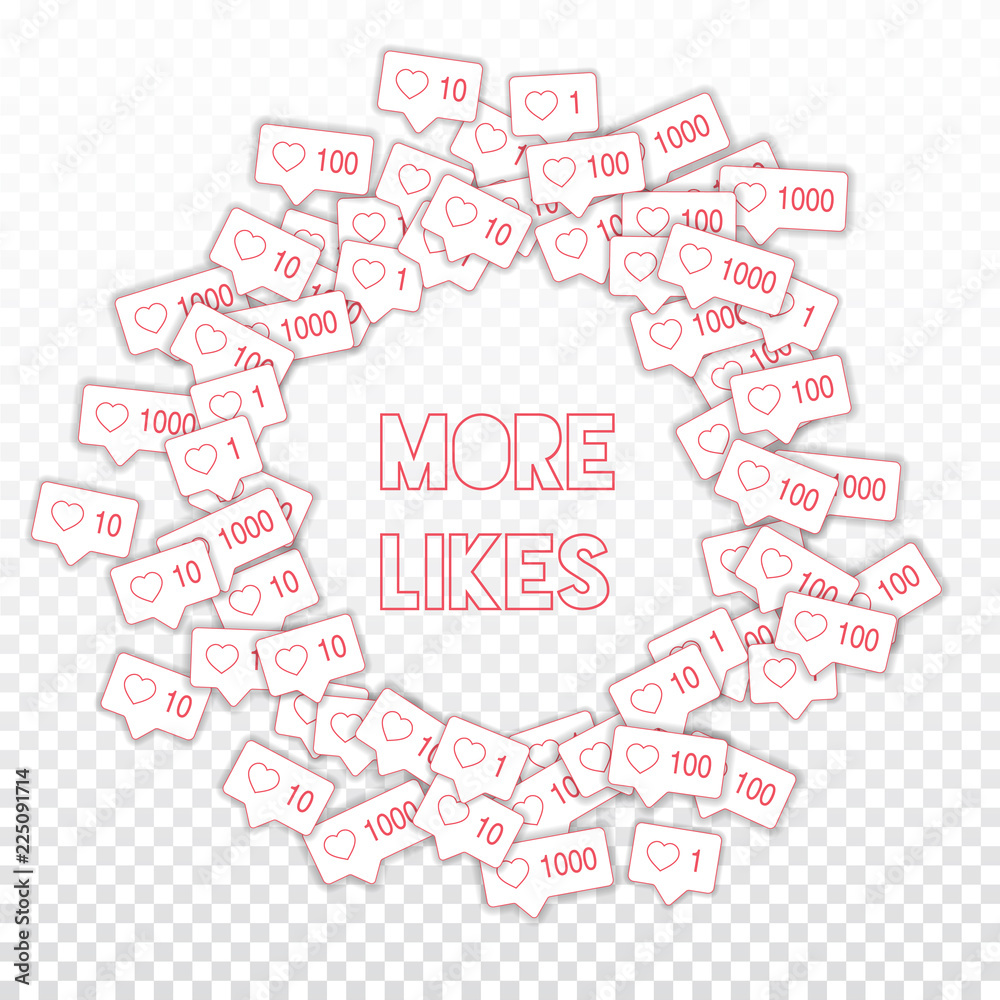 Social media icons. Social media marketing concept. Falling pink like counter. Round scattered frame