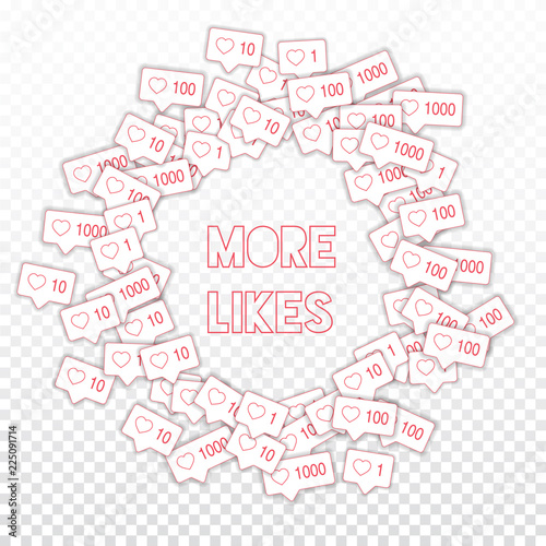 Social media icons. Social media marketing concept. Falling pink like counter. Round scattered frame