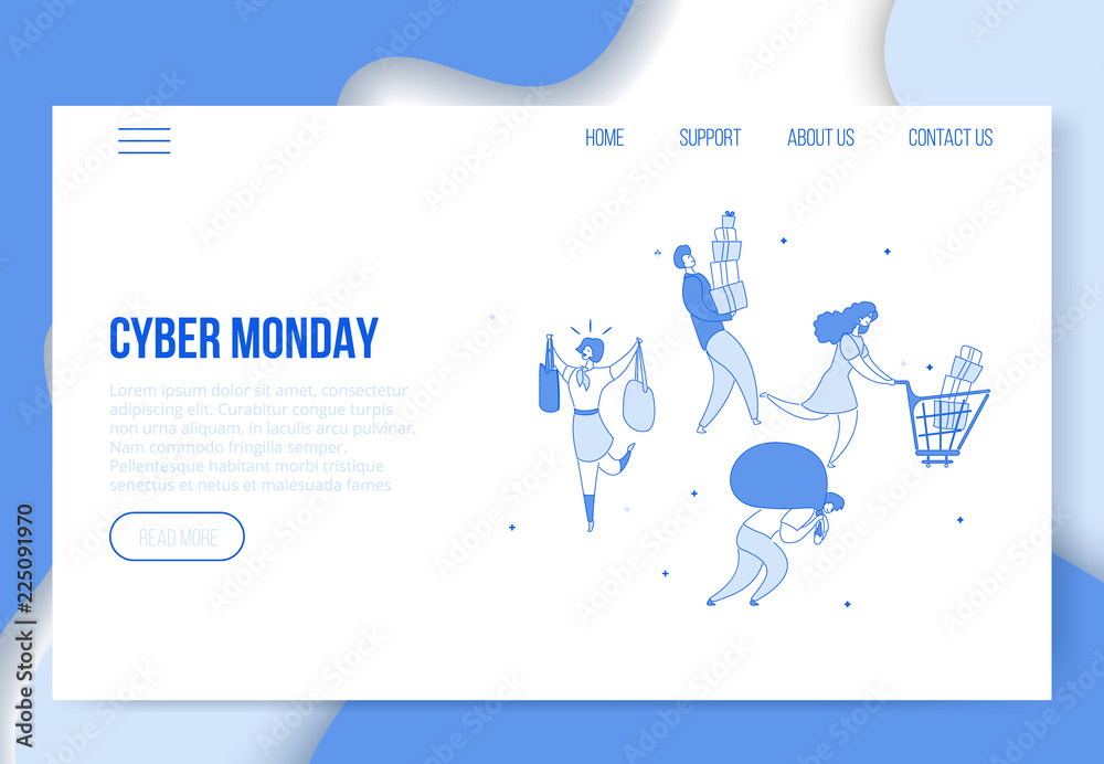 Modern cartoon flat characters customers carry Cyber Monday sales purchases,landing page template web online shopping concept.Flat people satisfied happy buyers clients,good buys,ready to use buttons