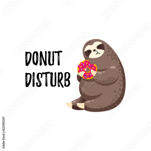 Cute vector illustration. Funny cartoon sloth eating a donut.