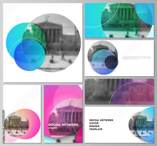 The minimalistic abstract vector illustration of the editable layouts of modern social network mockups in popular formats. Creative modern bright background with colorful circles and round shapes.