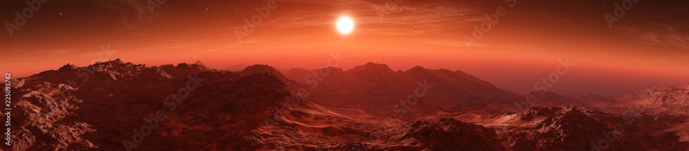 Naklejka premium Mars o zachodzie słońca, wschód słońca nad powierzchnią obcej planety,