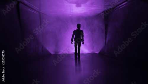 Creepy silhouette in the dark abandoned building. Horror about maniac concept or Dark corridor with cabinet doors and lights with silhouette of spooky horror person standing with different poses.