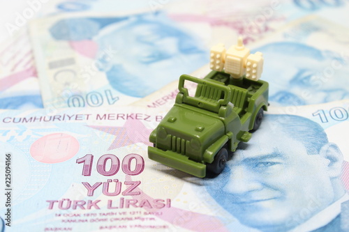 Turkish Liras with Military Vechile, military 4x4 vehicle,jeep, 100 Turkish lira, army related image, conscept photo, war economy photo