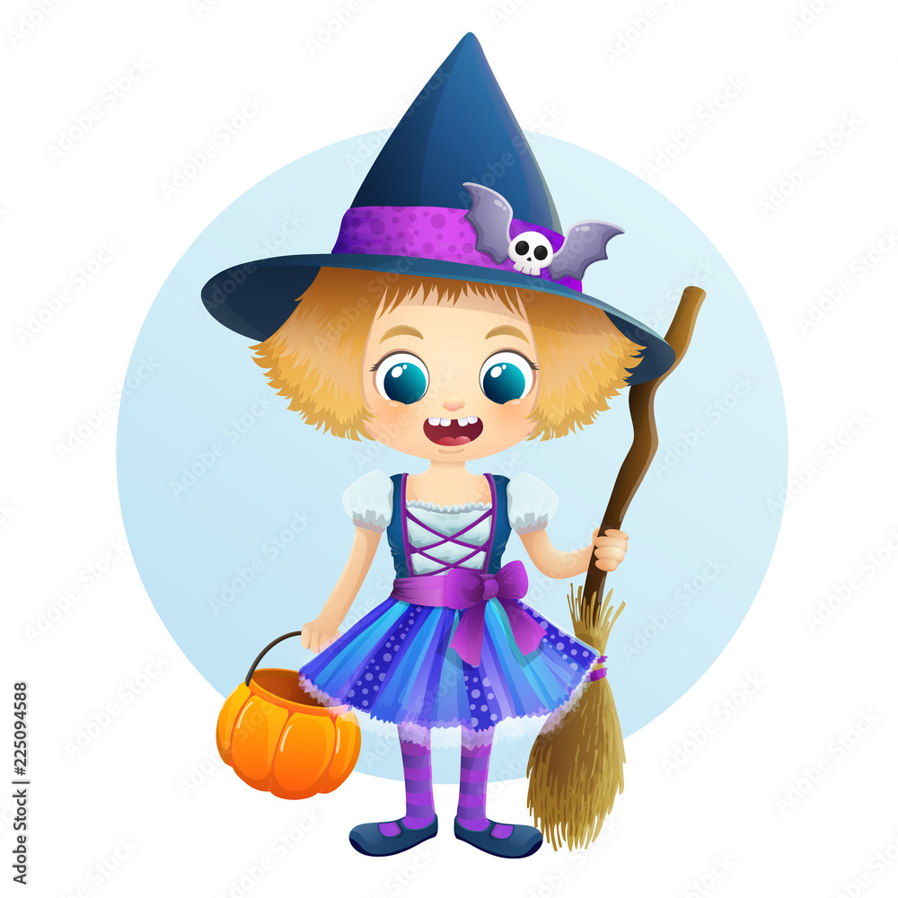 Cute little girl in Halloween witch costume with pumpkin basket and broom. Blue circle and white background. Vector illustration.