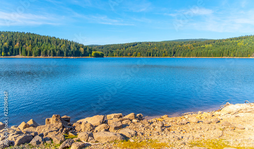 Mountain water reservoir Josefuv Dul, aka Josefodolska Dam, Jizera Mountains, Czech Republic. Sunny summer day. photo