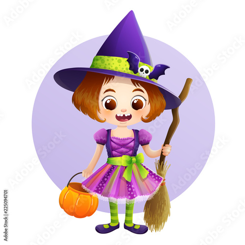 Cute little girl in Halloween witch costume with pumpkin basket and broom. Violet circle and white background. Vector illustration.