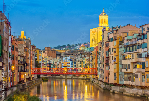 old town of Girona at night, Spain photo