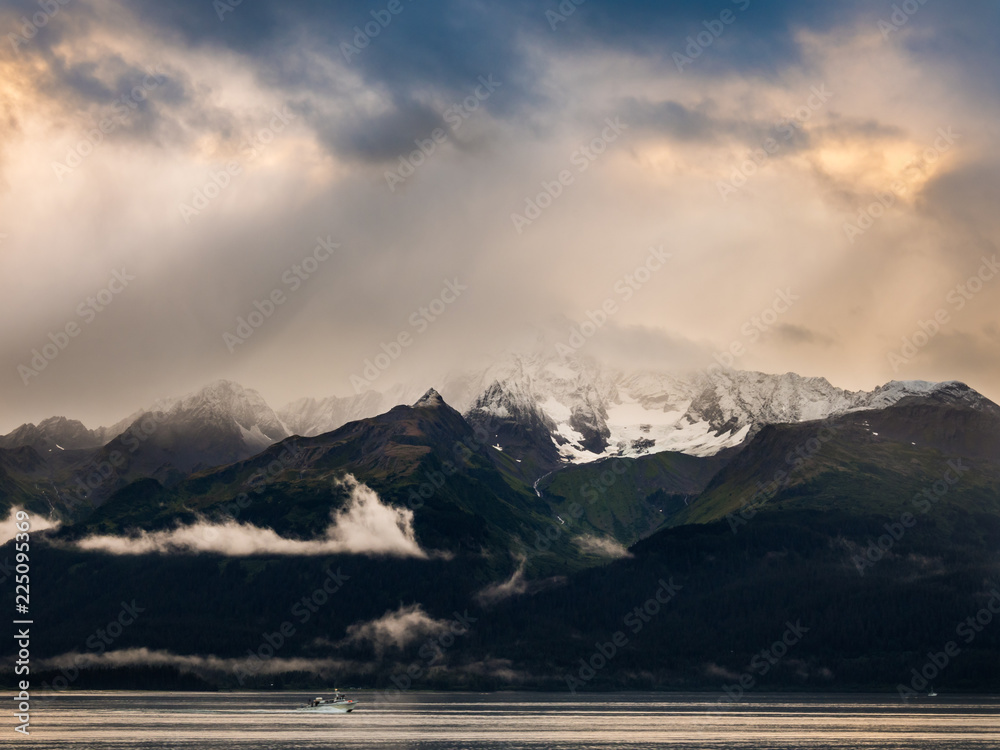 Snowcapped Peaks in the Clouds Rising over Water, Resurrection Bay, Seward, Alaska