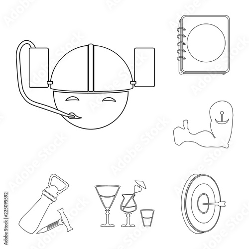 Pub, interior and equipment outline icons in set collection for design. Alcohol and food vector symbol stock web illustration.