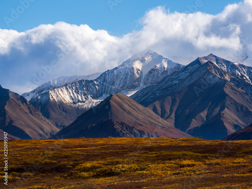 Snowcapped Peak Rising Above Autumn Tundra Landscape, Denali National Park, Alaska