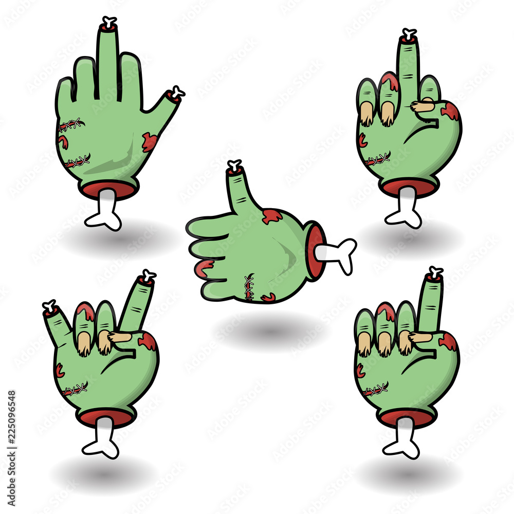 Severed zombie hand gesture set. Funny cartoon Halloween vector sticker