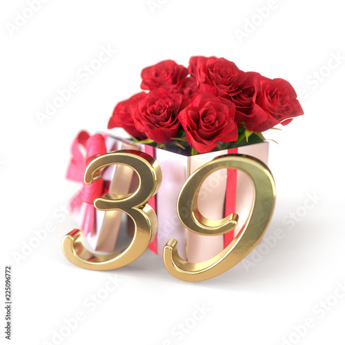 birthday concept with red roses in gift isolated on white background. thirty-nineth. 39th. 3D render