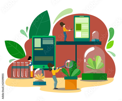 Vector illustration with test tubes, gadgets and science characters in a biological research center. Plant breeding and cultivation, eco-technology, scientific environment.