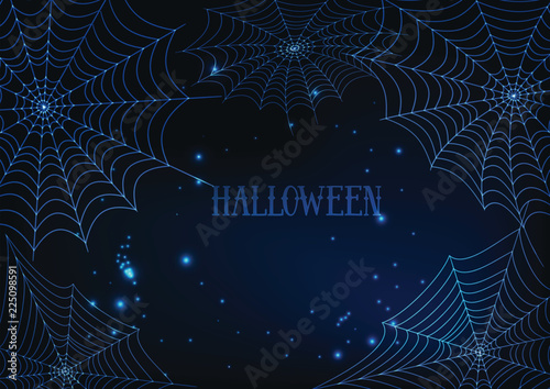 Halloween banner template with glowing spider webs and text on dark blue background.