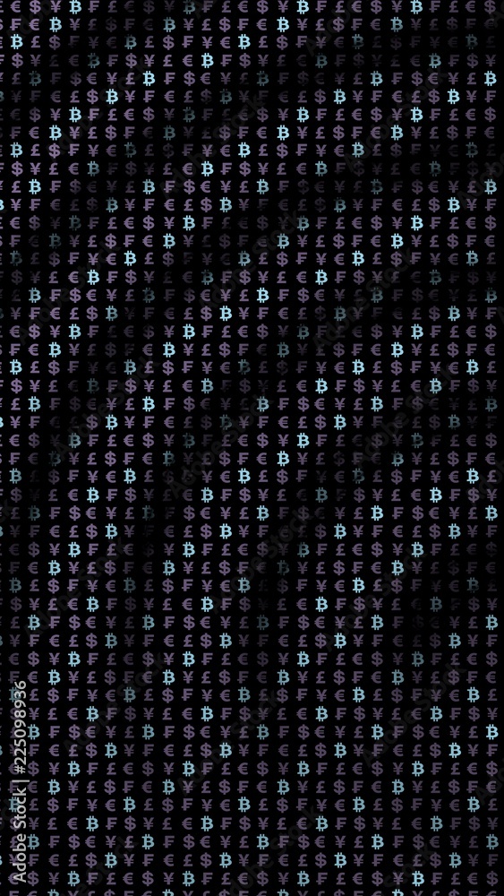 Bitcoin and currency on a dark background. Digital Cryptocurrency symbol. Wave effect, currency market fluctuations. Business concept. 3D illustration Bitcoin and currency on a dark background. Digital Cryptocurrency symbol. Wave effect, currency market fluctuations. Business concept. 3D illustration
