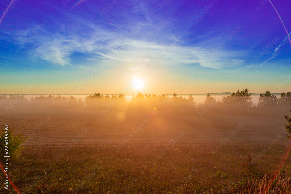 Landscape sunrise at summer. Foggy morning on meadow. Filtered image: cross processed effect. beautiful misty sunrise landscape.