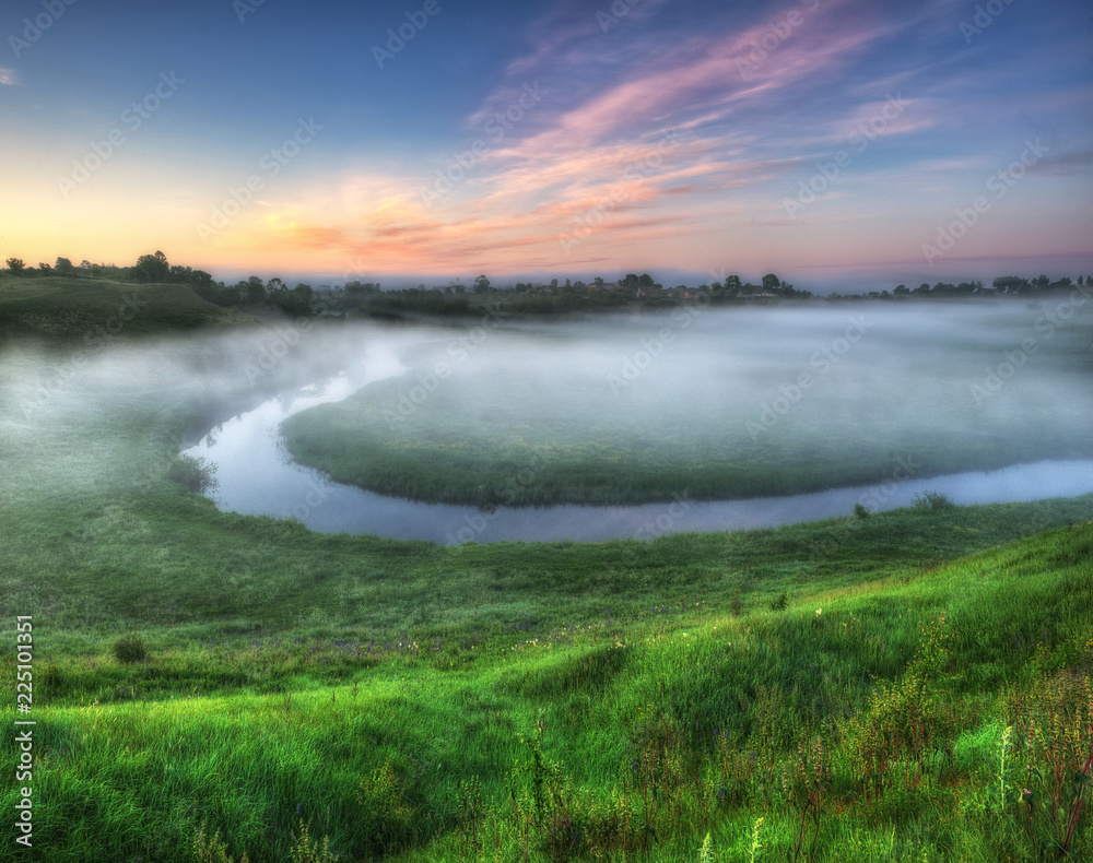 foggy spring morning. the picturesque spring sunrise foggy spring morning. the picturesque spring sunrise