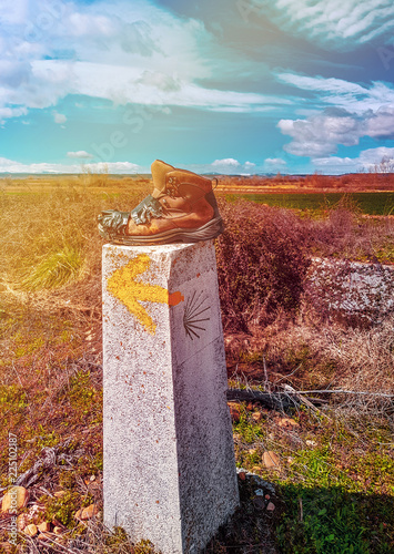 Tablou pe pânză Camino de Santiago, St. James way, one boot,  concept: pilgrimage