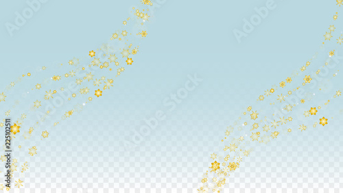 Christmas  Vector Background with Gold Falling Snowflakes Isolated on Transparent Background. Realistic Snow Sparkle Pattern. Snowfall Overlay Print. Winter Sky. Design for Party Invitation.