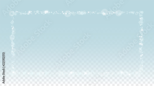 Christmas  Vector Background with White Falling Snowflakes Isolated on Transparent Background. Realistic Snow Sparkle Pattern. Snowfall Overlay Print. Winter Sky. Design for Party Invitation.