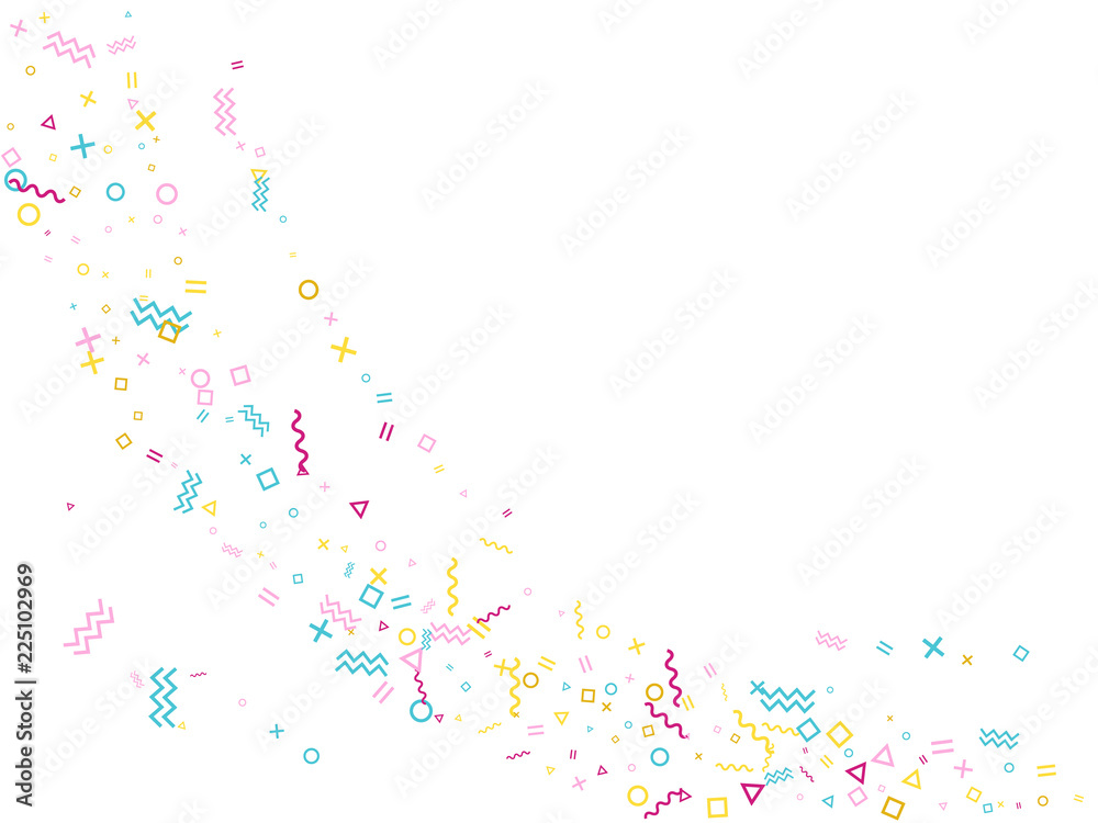 Memphis style geometric confetti vector background with triangle, circle, square shapes, zigzag and wavy line ribbons. 