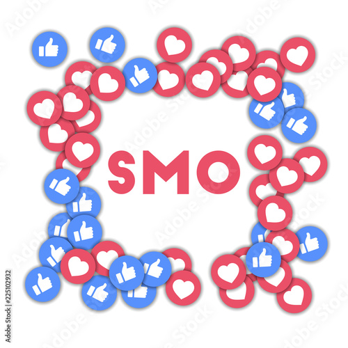 SMO. Social media icons in abstract shape background with scattered thumbs up and hearts. SMO concep photo