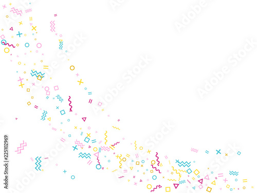 Memphis style geometric confetti vector background with triangle, circle, square shapes, zigzag and wavy line ribbons. 