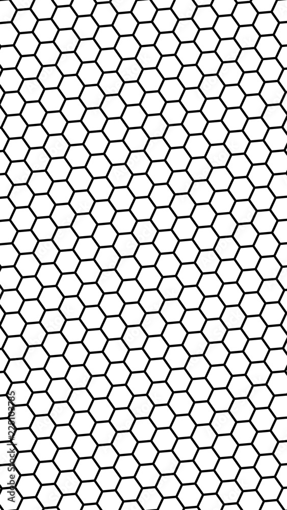 Black honeycomb on a white background. Isometric geometry. Vertical image orientation. 3D illustration