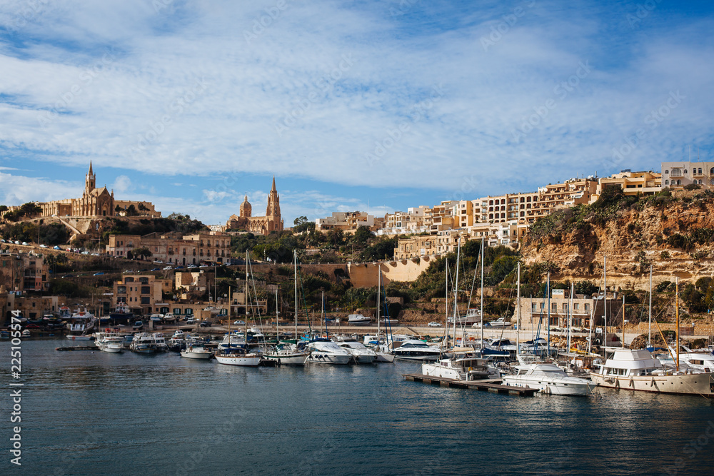 Panoramic Bay View of Mgarr, Town and harbor where Ferries Dock at the East End of Island Gozo, Malta