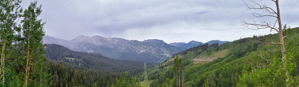 Guardsman Pass views of Panoramic Landscape of the Pass, Midway and Heber Valley along the Wasatch Front Rocky Mountains, Summer Forests, Clouds and Rainstorm. Utah, United States.