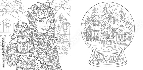 Coloring pages with winter girl and magic snow ball