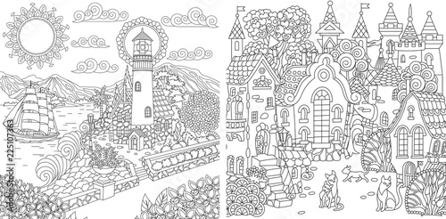 Coloring pages with light house and fantasy town