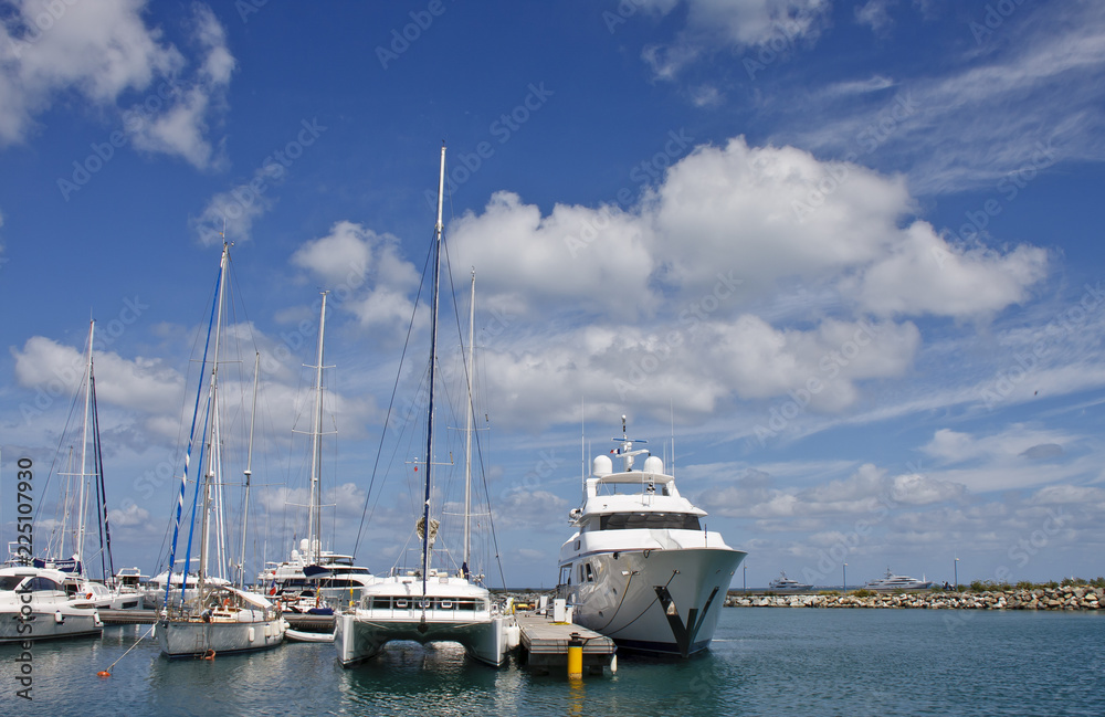 White Yachts and Sailboats on Edge of Tropical Marina