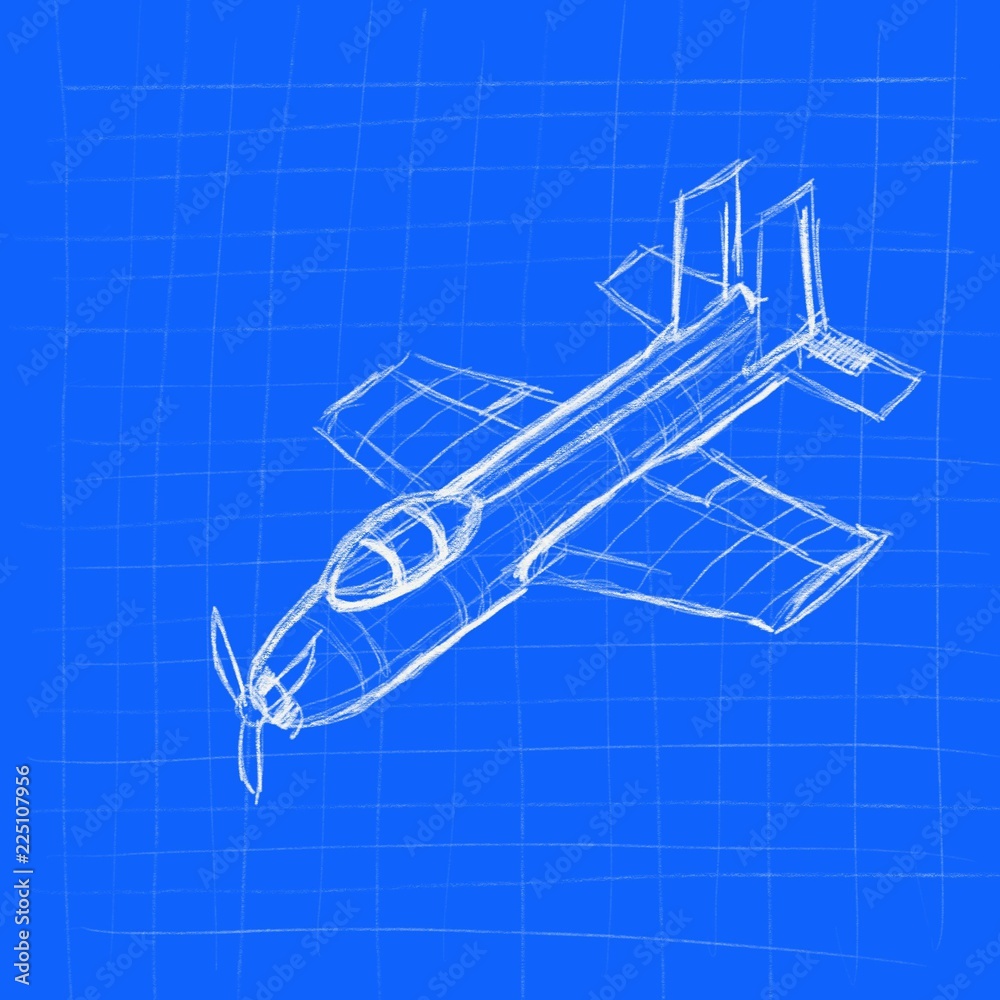 a plane sketch by hand with blueprint and grid