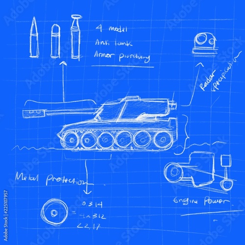 a battle tank sketch with specification detail