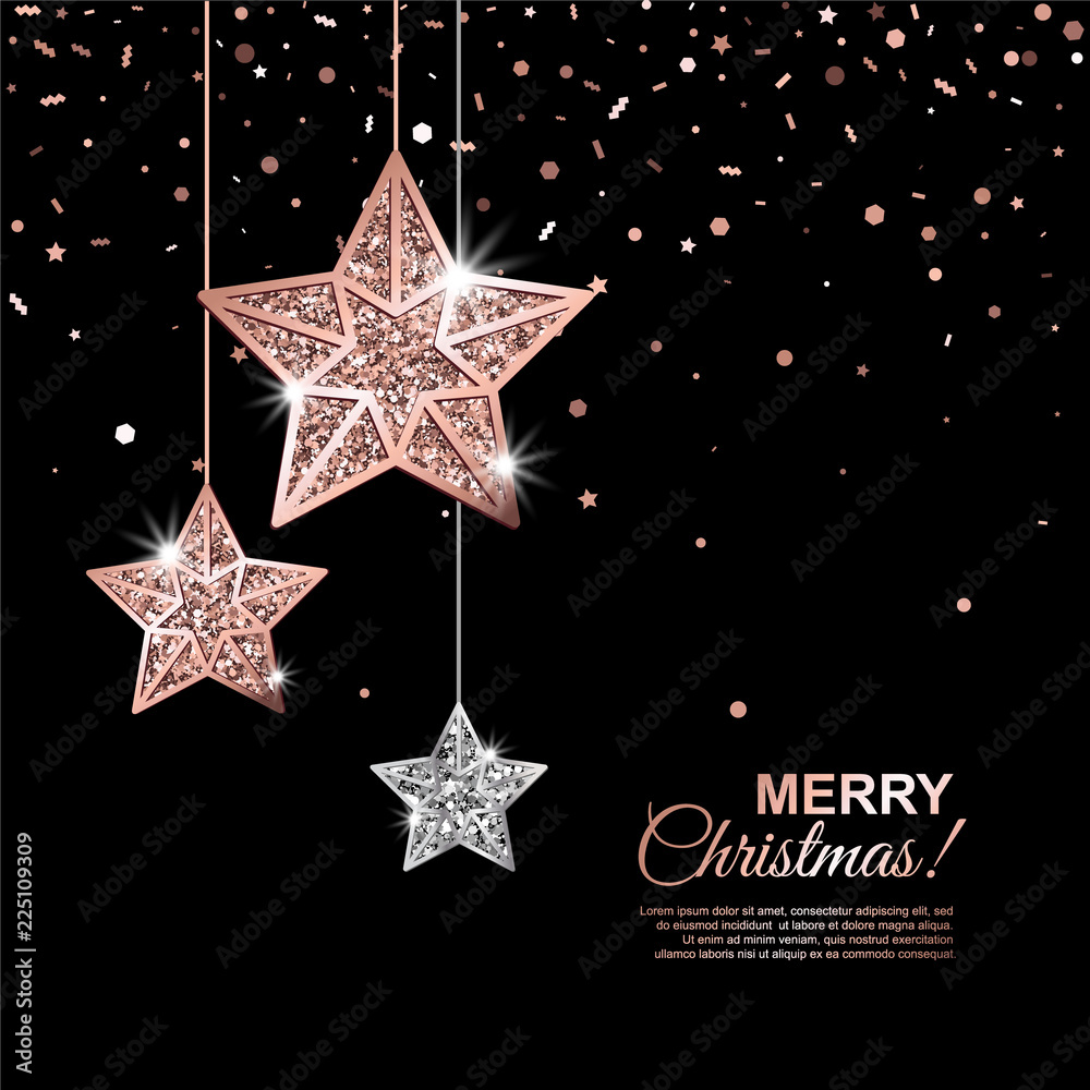 bronce Humedad sensación Merry Christmas Glowing Banner with Hanging Rose Gold and Silver Stars on  black Background with falling confetti. Vector illustration. All isolated  and layered vector de Stock | Adobe Stock