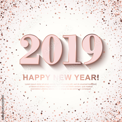 Happy New Year Banner with shining Rose 2019 Numbers on white Background with scattered geometric Confetti. Vector illustration. All isolated and layered