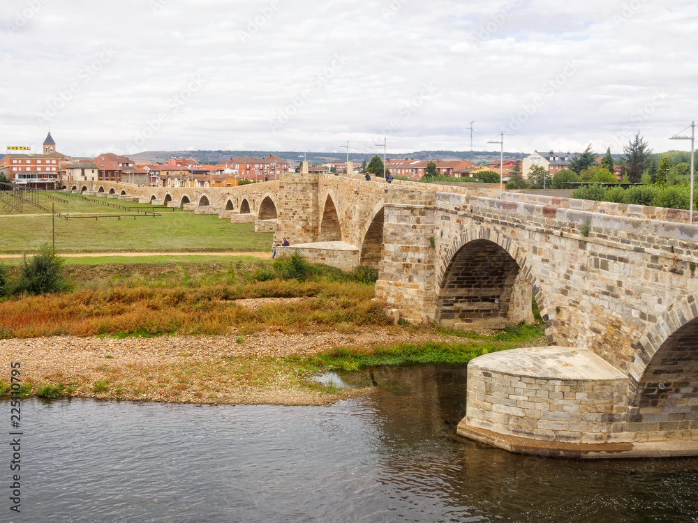 Medieval bridge built over an earlier Roman bridge in the 13th century - Hospital de Orbigo, Castile and Leon, Spain