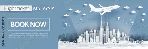 Flight and ticket advertising template with travel to Malaysia concept, Malaysia famous landmarks in paper cut style vector illustration