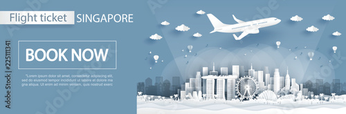 Flight and ticket advertising template with travel to Singapore concept, Singapore famous landmarks in paper cut style vector illustration