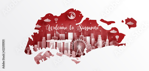 Panorama postcard of world famous landmarks of Singapore in map concept and paper cut style vector illustration