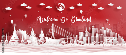 Panorama postcard of world famous landmarks of Bangkok, Thailand in paper cut style vector illustration