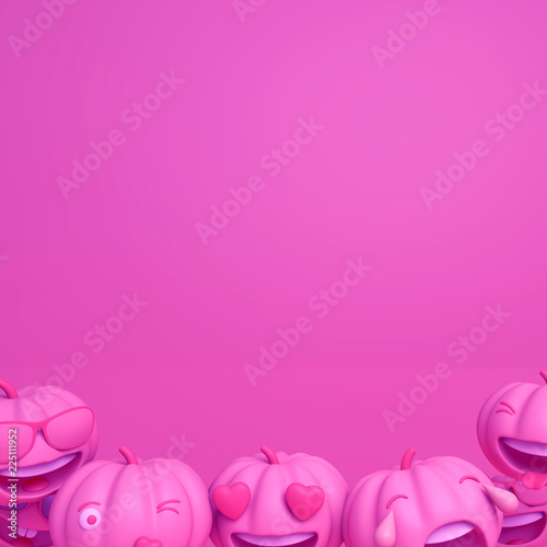 Cute smiling love bubble shape cartoon of pink pastel pumpkin head jack and winking face with tongue emoji, copy space text. Design creative concept for happy Halloween day festival, 3D rendering.