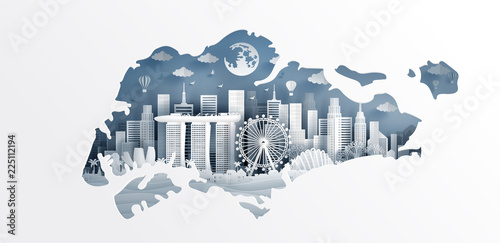 Welcome to Singapor with map concept and Singapore famous landmarks in paper cut style vector illustration. Travel poster, postcard and advertising design.