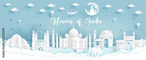 Heaven of India with India famous landmarks in paper cut style vector illustration. 