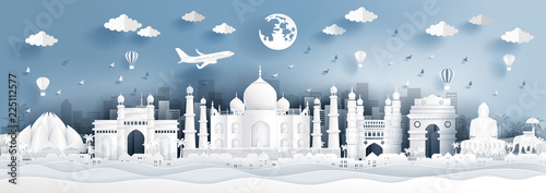 Panorama postcard of world famous landmarks of India in paper cut style vector illustration.
