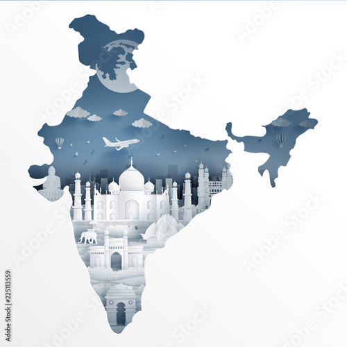 India map concept with India famous landmarks in paper cut style vector illustration.